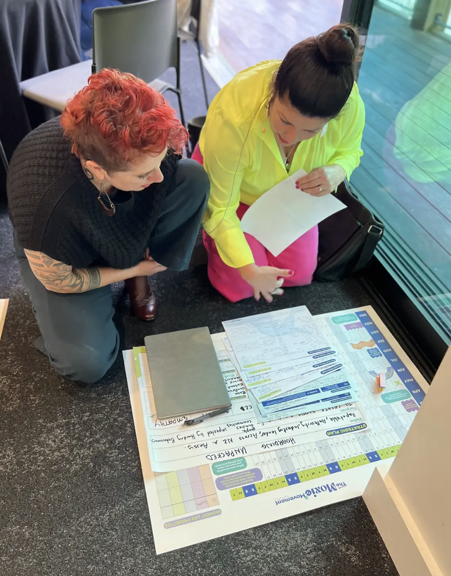 Two women reviewing a large Moxie Movement planning chart on the floor